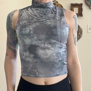 Cheryl Creations Vintag Grey Floral Tiger Print Mock Neck Sleeveless Mesh Top XS